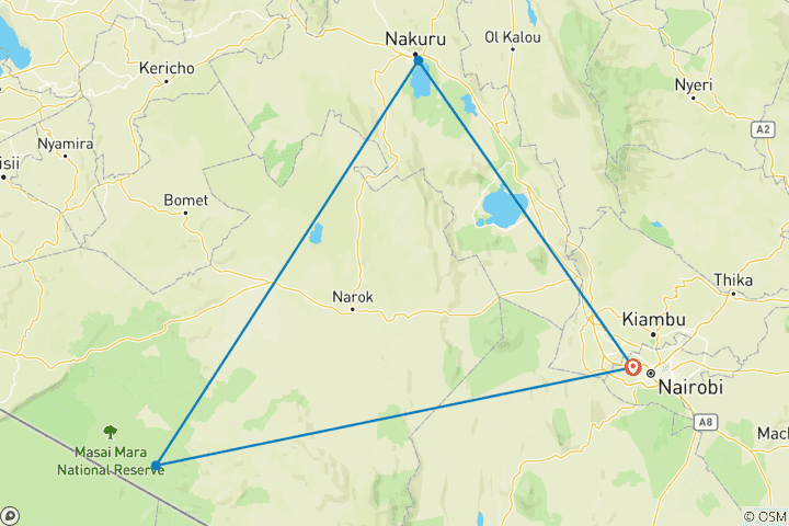 Carte du circuit Safari budget de 4 jours au Masai Mara et au lac Nakuru
