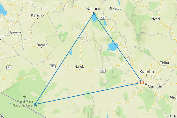 Kaart van 4 Daagse Masai Mara en Lake Nakuru Budget Safari