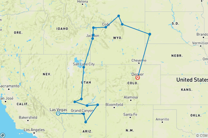 Carte du circuit Canyons spectaculaires et parcs nationaux (fin à Denver, 13 jours, transfert de l'aéroport de Denver et de l'hôtel après le voyage) (19 destinations)