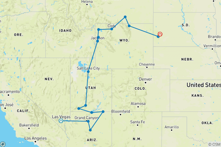 Map of Spectacular Canyons and National Parks (End Rapid City, 13 Days, Keystone To Rapid City Airport Coach Drop)