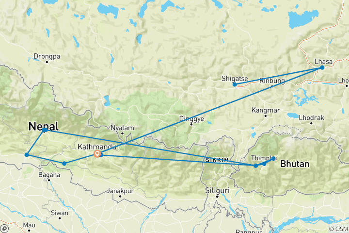 Map of Nepal, Tibet & Bhutan Highlights Tour