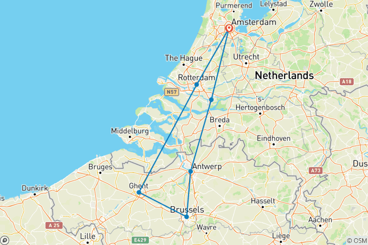 Map of Holland & Belgium Tulip River Cruise (Amsterdam - Brussels - Amsterdam)