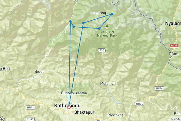 Kaart van Langtang Vallei Trektocht