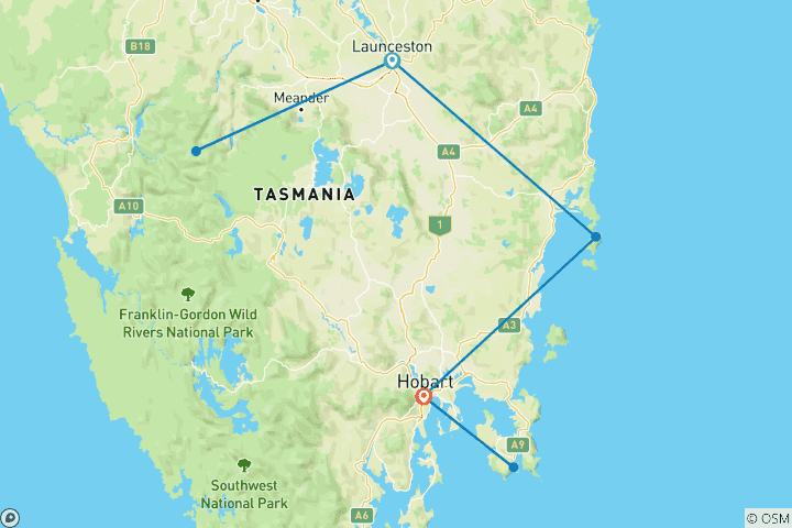 Mapa de Los 3 GRAndes Tasmania - de Launceston a Hobart