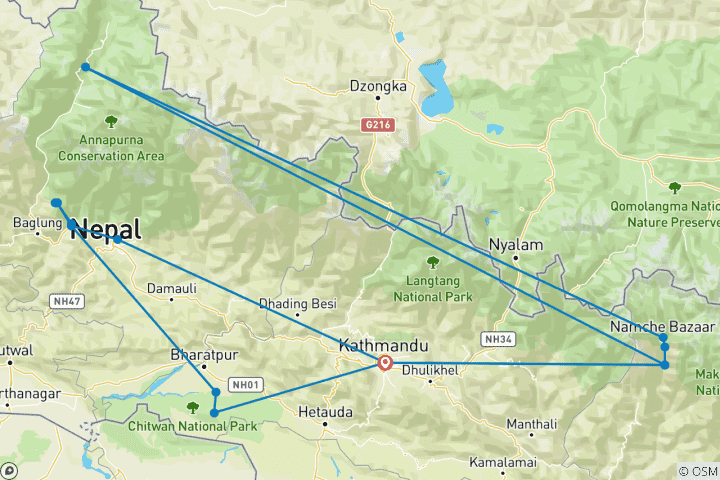 Map of Everest, Annapurna Trek with Kathmandu, Chitwan Tour