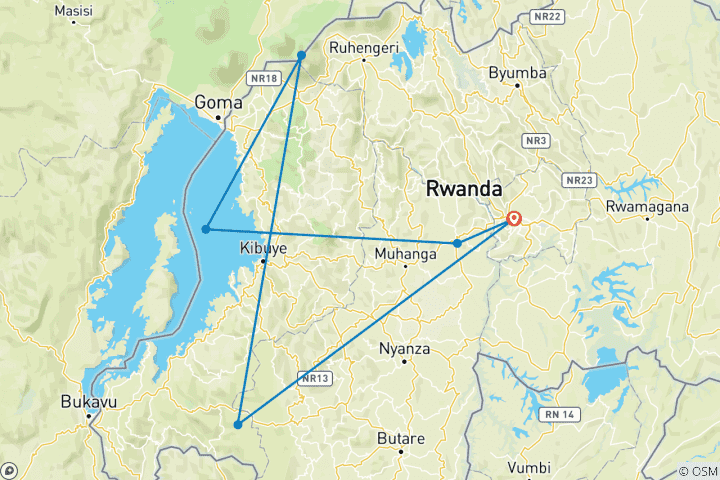 Map of 7 Days Rwanda primates tour