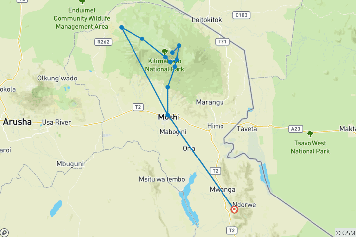 Karte von Kilimandscharo Besteigung über die Lemosho Route - 9 Tage