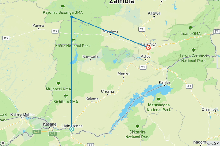 Map of 9 Days -  Zambia: Enjoyable MWEZI Travel Expedition Safari Adventure