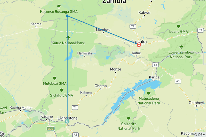 Carte du circuit 9 jours en Zambie : Aventure Safari Agréable avec MWEZI Travel