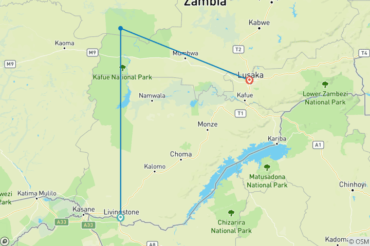 Map of 9 Days -  Zambia: Enjoyable MWEZI Travel Expedition Safari Adventure