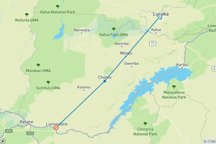 Carte du circuit Circuit safari aventure de Lusaka à Livingstone - 6 jours