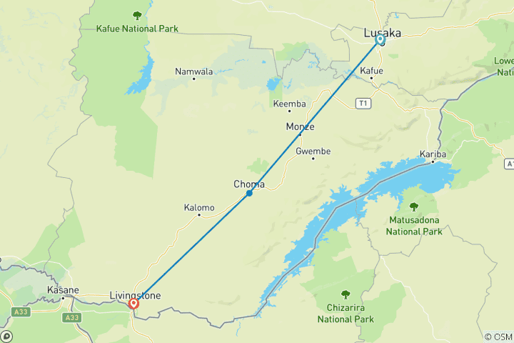 Map of Exciting LUSAKA to LIVINGSTONE Overland Adventure Safari Tour  - 6 Days