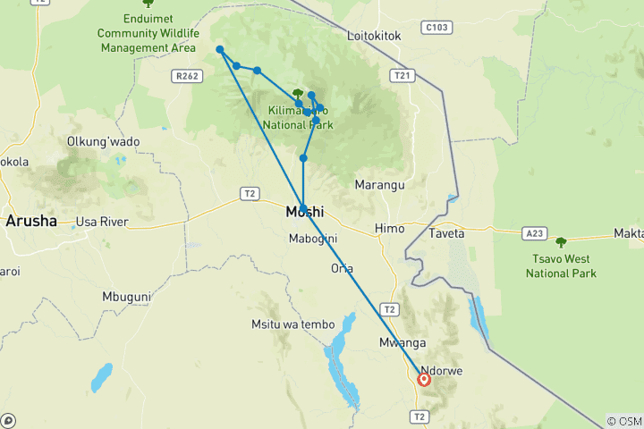 Map of 10 Days Mount Kilimanjaro Climbing - Lemosho Route