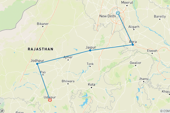 Mapa de Viaje de 7 días al triángulo de oro con Jodhpur y Udaipur