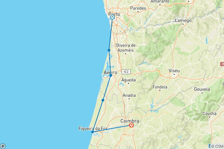 Map of Porto to Coimbra self-guided bike tour