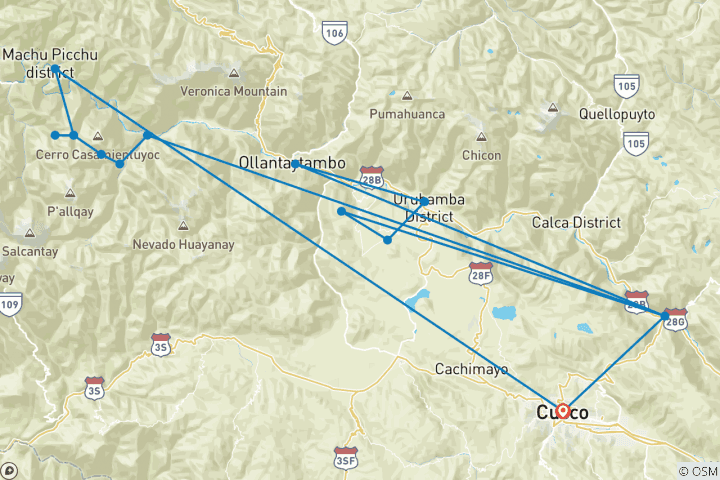 Map of Extended Sacred Valley + Classic Inca Trail to Machu Picchu 5 Days and 4 Nights