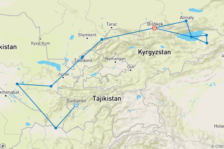 Map of Dushanbe To Bishkek (22 Days)