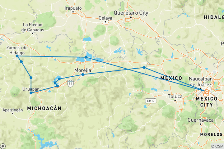 Carte du circuit Circuit dans le Michoacan : Villes magiques, le plus jeune volcan et plus encore