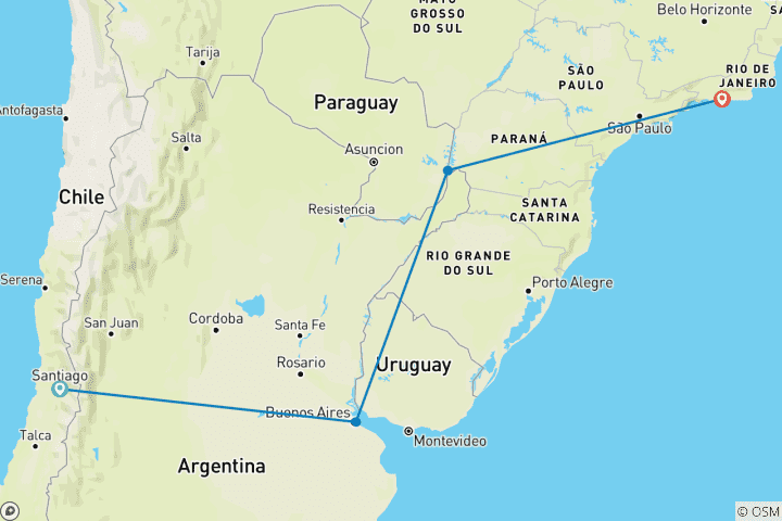 Karte von Chile, Argentinien und Brasilien: Vom Pazifik zum Atlantik - 13 Tage