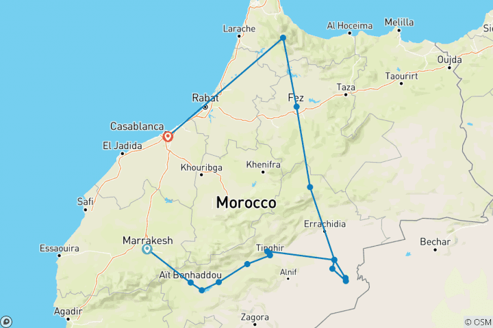 Map of 7 Day trip from Marrakech to Merzouga Desert - Fes - Chefchaouen then end the tour in Casablanca