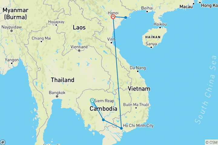 Carte du circuit Budget Tour du Cambodge au Vietnam d'Angkor Watt via le Delta du Mékong, Phnom Penh à Hanoi, Baie d'Halong