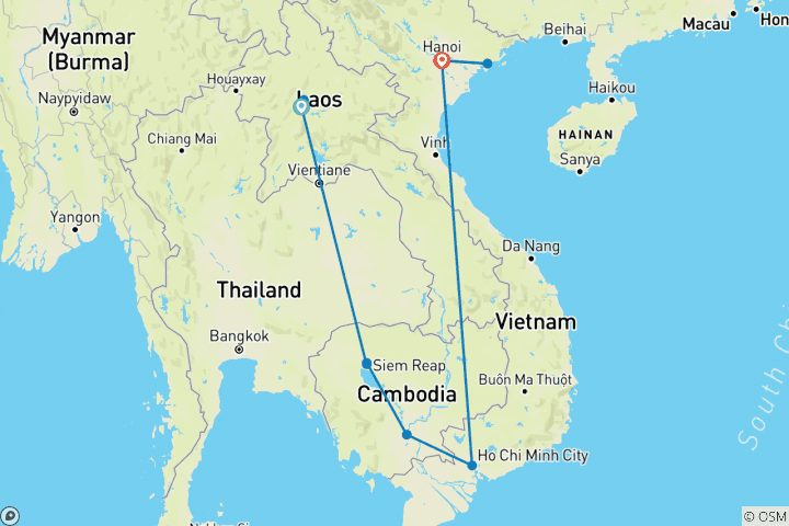 Map of Laos Vietnam Cambodia Tour to Luang Prabang, Siemreap, Halong bay, Saigon, Hanoi