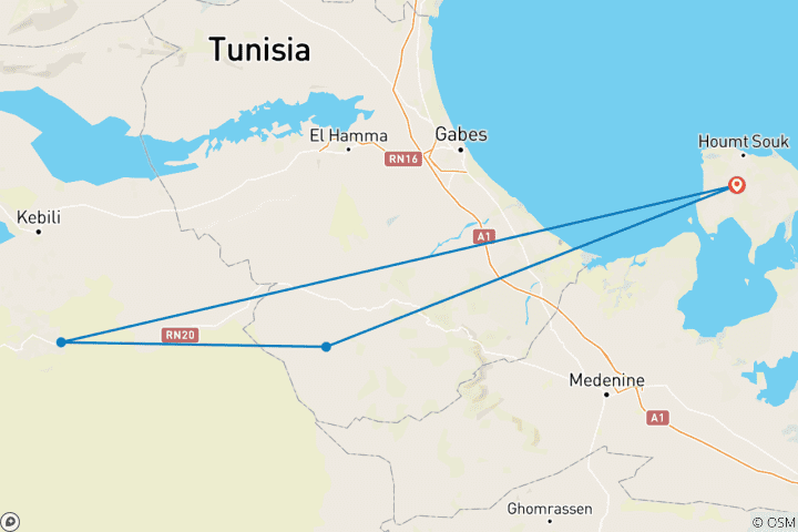 Map of Tunisia 7 Day Desert Camel Trek