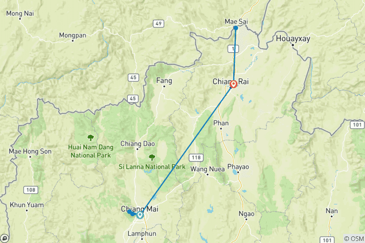 Carte du circuit De Chiang Mai à Chiang Rai - Circuit de 4 jours et 3 nuits