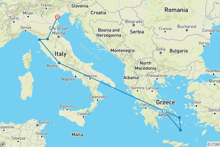 Map of The Highlights of Greece & Italy - 15 Days (Self-guided)