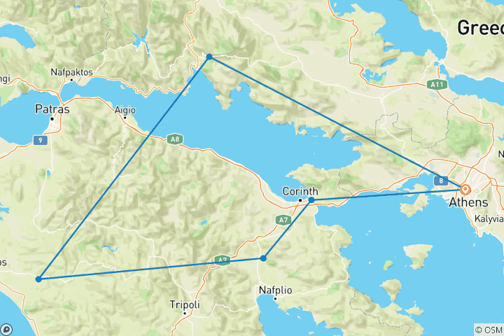 Carte du circuit Circuit de trois jours d'Athènes à Epidaure, Mycènes, Olympie et Delphes
