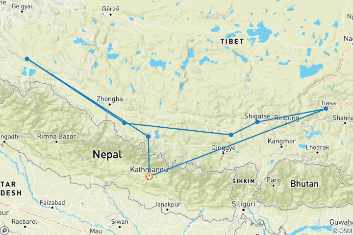 Map of Kailash Mansarovar via Lhasa | 18 Days