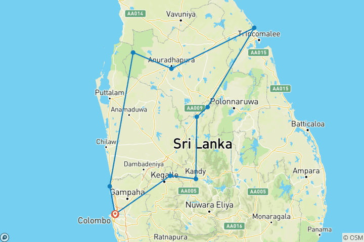 Map of "Gorgeous Summer" East / Central Sri Lanka  09 Days