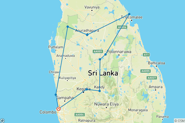 Map of "Gorgeous Summer" East / Central Sri Lanka  09 Days [Budget]