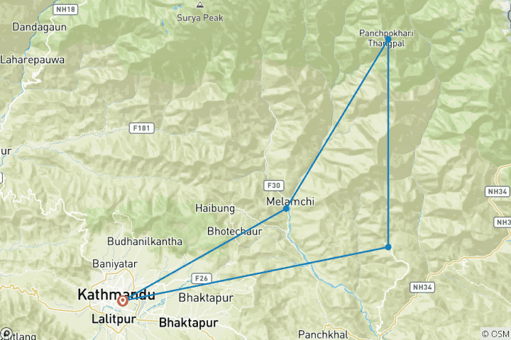 Map of Panch Pokhari Trek - 14 Days