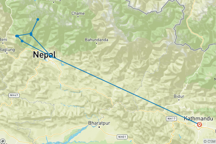 Mapa de Ruta de 16 días por el campamento base del Annapurna