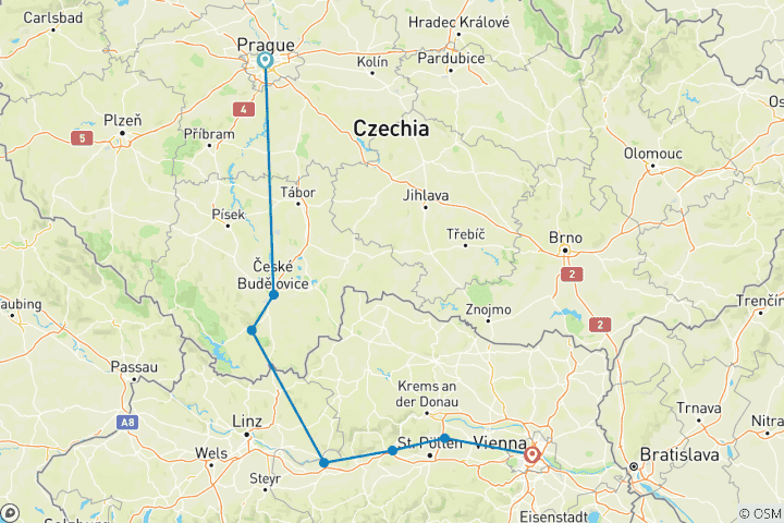 Map of Cycle Prague to Vienna