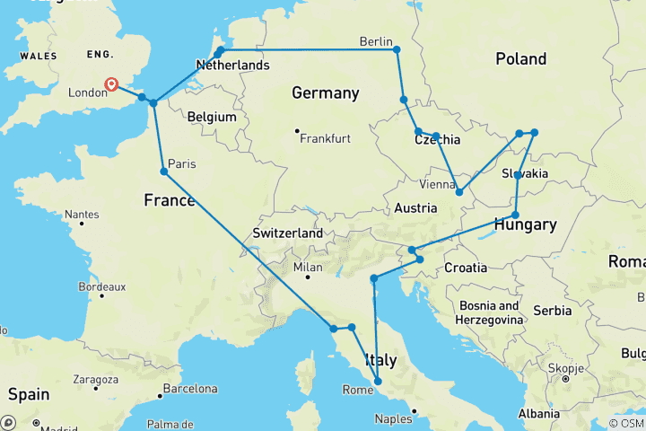 Map of European Trail (Summer, Start London, Classic, 23 Days)