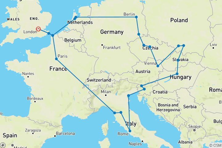 Kaart van De Europese trail - zomer - vanuit Londen - 23 dagen