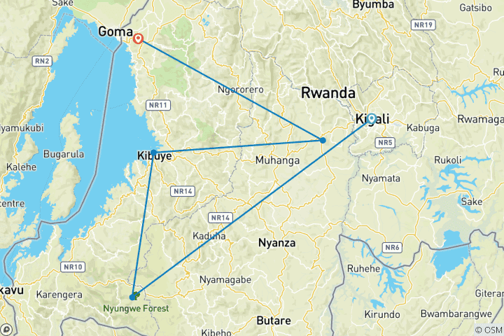 Map of 9 Days Rwanda Tour