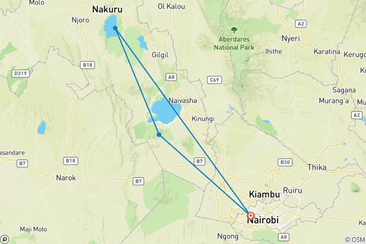 Carte du circuit Safari à Hell's Gate Naivasha et au lac Nakuru - 2 jours