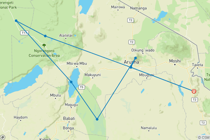 Map of 10 Days Tanzania Wildebeest Migration Safari