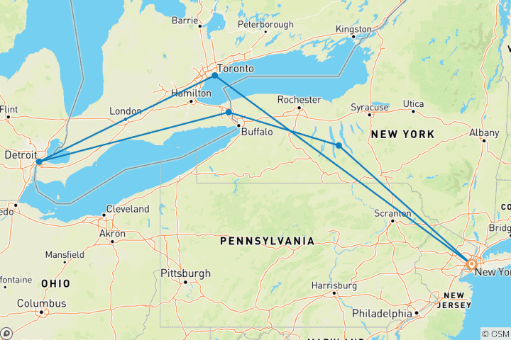 Karte von Niagara Falls, Toronto & 1000 Islands - 3 Tage