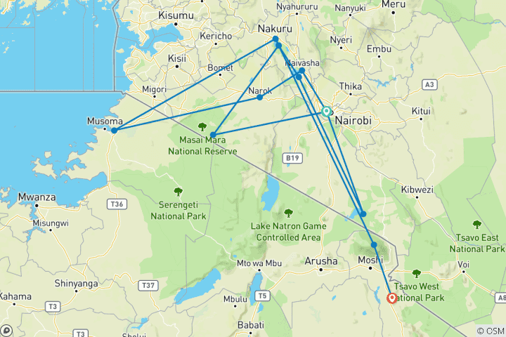Carte du circuit 7 jours Masai Mara, L. Nakuru, L. Naivasha & Amboseli Budget Safari