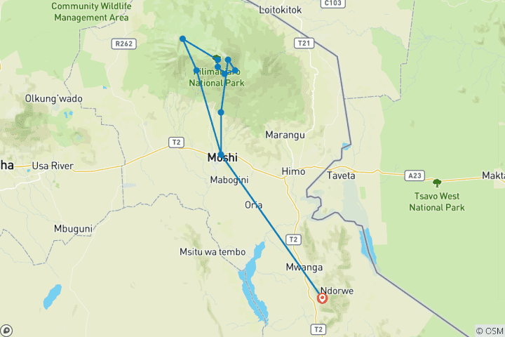 Map of Climb Kilimanjaro - Machame 7 Days + Free Chemka Hot Springs | Expert Guides & Eco-Certified