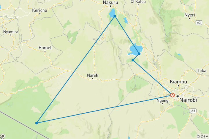 Carte du circuit 5 jours de safari sur la migration au Kenya : Maasai Mara, Nakuru et Hell's Gate