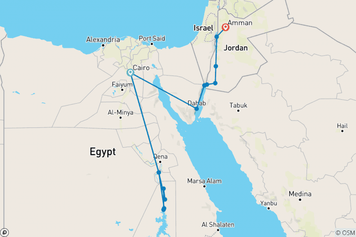 Map of Egypt & Jordan Explored By Land (5 & 4 Star Hotels)