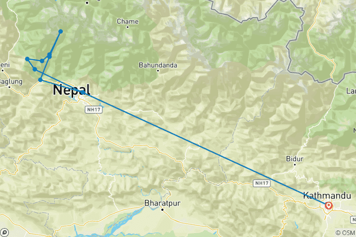 Kaart van Annapurna Basiskamp Trek