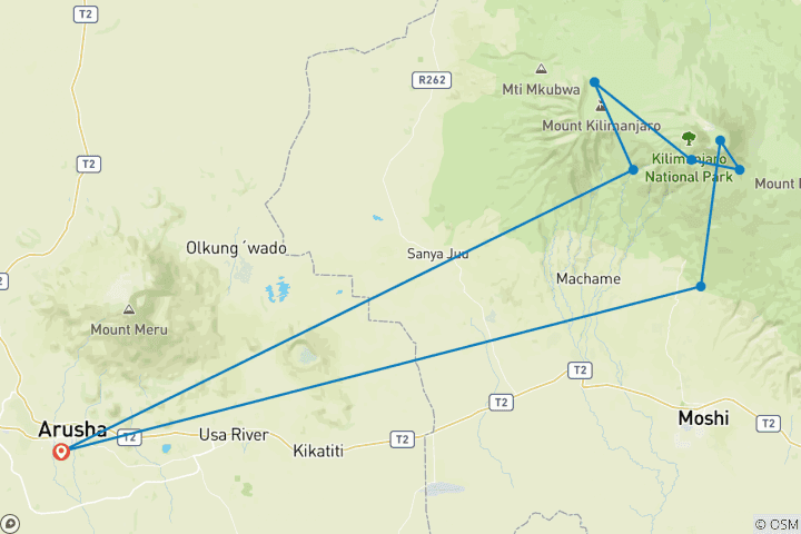 Map of 6 Days Trekking Kilimanjaro via Machame Route