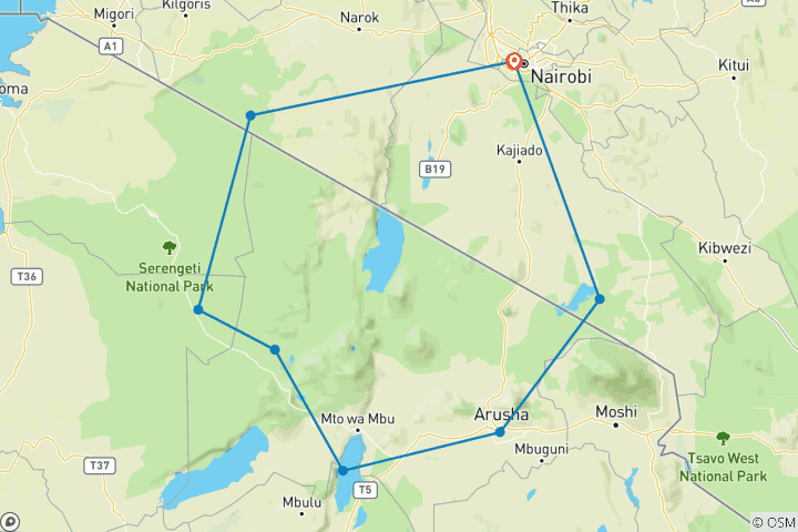 Mapa de Safari de 11 días por lo mejor de África oriental
