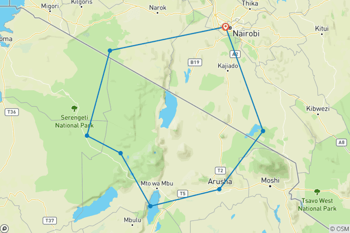 Mapa de Safari de 11 días por lo mejor de África oriental